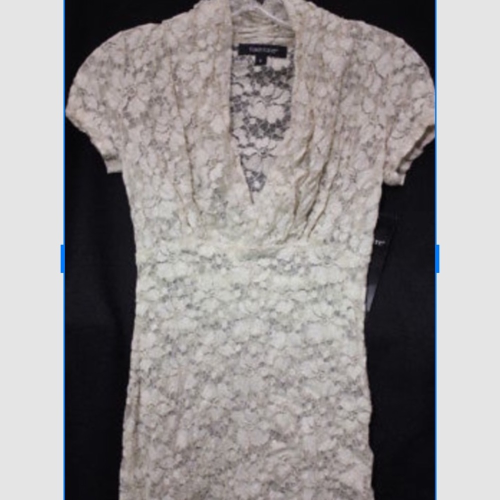 KAREN KANE Ivory Cap Sleeve Sheer Lace V-Neck Top